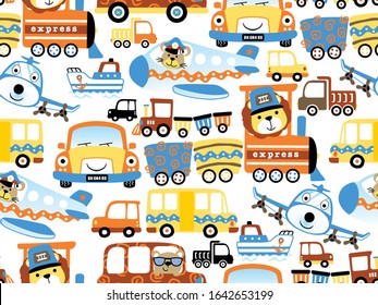 seamless pattern vector of colorful vehicles cartoon with cute animals driver