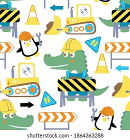 Seamless pattern vector of construction elements cartoon with crocodile and penguin