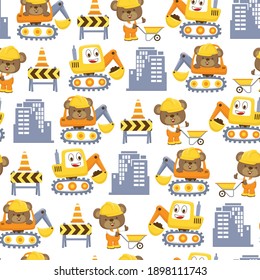 Seamless pattern vector of construction elements cartoon with cute bear
