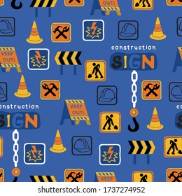 Seamless Pattern Vector Of Construction Signs Construction Tools