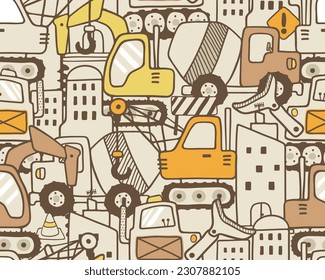 Seamless pattern vector of construction vehicle cartoon with buildings and road sign