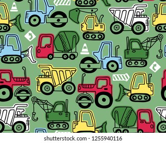 Seamless pattern vector of construction vehicles cartoon in hand drawn concept