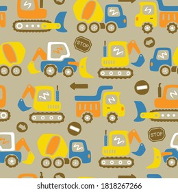 Seamless pattern vector of construction vehicles cartoon, construction elements illustration