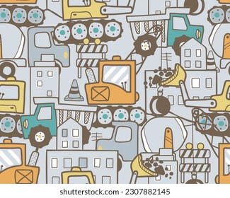 Seamless pattern vector of construction vehicles cartoon with buildings and road sign