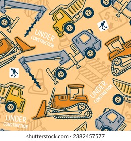 Seamless pattern vector of construction vehicles cartoon with industrial element in hand drawing concept