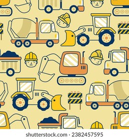 Seamless pattern vector of construction vehicles cartoon with industrial element svg