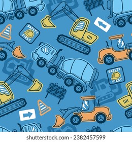 Seamless pattern vector of construction vehicles cartoon with industrial element in hand drawing concept svg