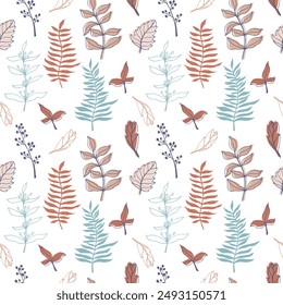 seamless pattern with vector contour branch and leaves. Elegant silhouette and outline in trendy pastel colors. hand drawn botanical print for wedding, textile, packaging, wrapping paper, background.
