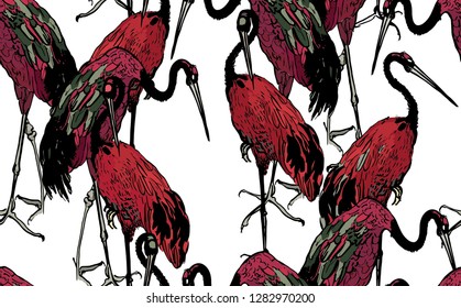 Seamless Pattern Vector Crowd of Pink Exotic Birds Chinese Cranes Realistic Hand Drawn Multicolor Oriental Design Japanese