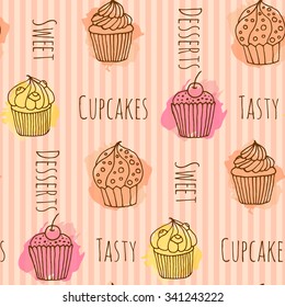 Seamless pattern with vector cupcake illustration. Set of 4 hand drawn cupcakes with colorful splashes. Cakes with cream and berries.