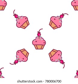 Seamless pattern with vector cupcake illustration. Cupcakes with colorful splashes. Cakes with cream and berries
