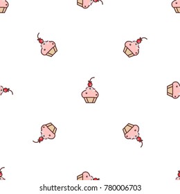 Seamless pattern with vector cupcake illustration. Cupcakes with colorful splashes. Cakes with cream and berries
