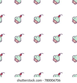 Seamless pattern with vector cupcake illustration. Cupcakes with colorful splashes. Cakes with cream and berries