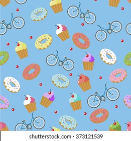 Seamless pattern with vector cupcakes and bake. Texture with vector cupcake. drawing with decoration, cream and berries. Sweet tasty food illustration