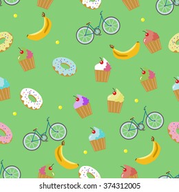 Seamless pattern with vector cupcakes and bake. Texture with vector cupcakes, decoration, cream and berries. Sweet tasty food illustration