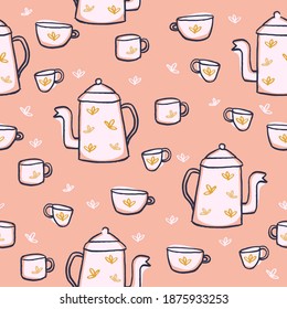 Seamless pattern in vector  Cups   pot coffee tea  Handmade  romantic   delicate illustration  Easy to recolor   repeatable  Flowers  spring  kitchen  Fabric print 