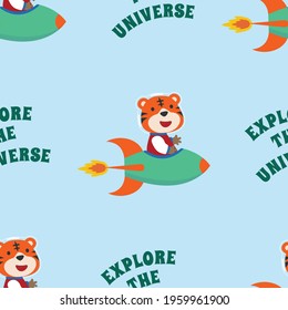 Seamless pattern vector of cute animal astronaut in outer space. Creative vector childish background for fabric, textile, nursery wallpaper, card, poster and other decoration.