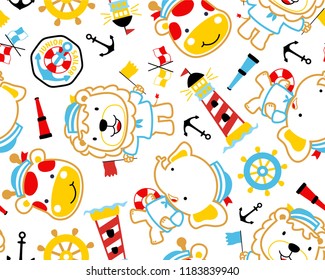 Seamless pattern vector of cute animals cartoon in sailor costume. Sailing elements cartoon illustration. Eps 10 