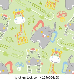 Seamless pattern vector of cute animals cartoon with leaves and grass