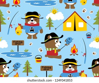 Seamless pattern vector of cute bear cartoon camping in forest, camping elements