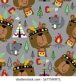 Seamless pattern vector of cute bear in Indian tribal costume with squirrel, Indian tribe elements cartoon