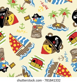 seamless pattern vector of cute bear with parrot in pirate cap, sailing pirate elements