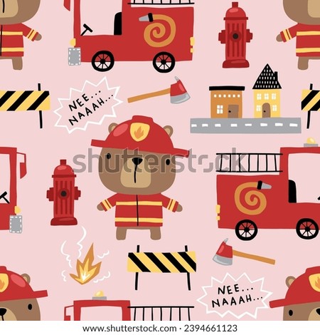 Seamless pattern vector of cute bear in fireman uniform with fire fighter elements