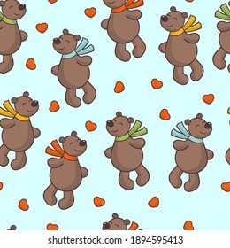 Seamless pattern with vector cute brown bear in love and red hearts, for the design of valentine's day greeting cards