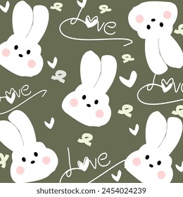 Seamless pattern vector with cute bunny and mini hearts and lines on pastel green ิbackground for gift, wallpaper and prints.