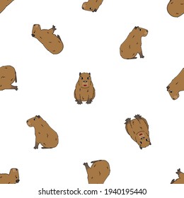 Seamless pattern of Vector cute cartoon outline Capybara smiles, sits, lying on the ground, dreaming, active. Doodle isolated illustration of animals on white background, side and front view