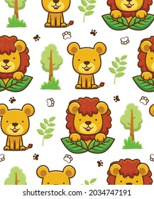 Seamless pattern vector of cute cartoon lion and lioness, forest elements illustration