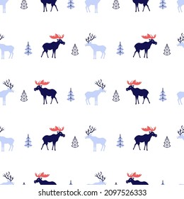 Seamless pattern vector cute cartoon deer, elk, fur tree, wild animal isolated on white background, holiday backdrop, colorful texture design for greeting card, fabric, wrapping paper, textile