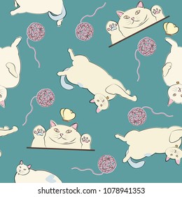 Seamless Pattern Vector. Cute Cat and Yarn roll. Fashion print sweet and cute style. in green background.