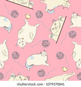 Seamless Pattern Vector. Cute Cat and Yarn roll. Fashion print sweet and cute style. in pink background.