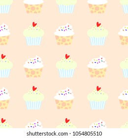 Seamless pattern vector of cute cupcakes on pastel background. Sweet and lovely cupcakes.