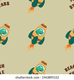 Seamless pattern vector of cute dinosaur play with his rocket, Dinosaur in outer space. Creative vector childish background for fabric, textile, nursery wallpaper, card, poster and other decoration.