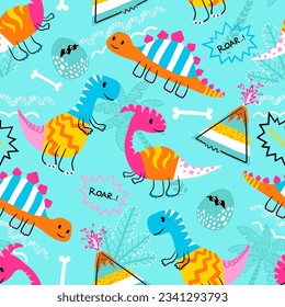 Seamless pattern vector of cute dinosaurs doodle cartoon