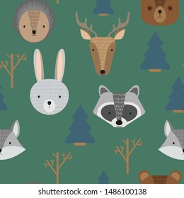 Seamless pattern with vector cute forest animals. Wild woods characters: raccoon, deer, hedgehog, hare, bear and wolf on dark green background. Cartoon illustration for children.
