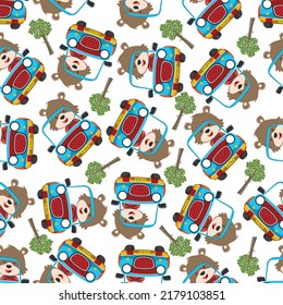 Seamless pattern vector of Cute fox cartoon having fun driving off road car go to forest. Creative vector childish background for fabric textile, nursery wallpaper, poster. and other decoration.