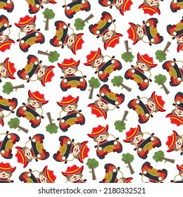 Seamless pattern vector of Cute fox cartoon having fun driving off road car go to forest. Creative vector childish background for fabric textile, nursery wallpaper, poster. and other decoration.