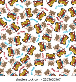 Seamless pattern vector of Cute fox cartoon having fun driving off road car go to forest. Creative vector childish background for fabric textile, nursery wallpaper, poster. and other decoration.