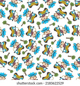 Seamless pattern vector of Cute fox cartoon having fun driving off road car go to forest. Creative vector childish background for fabric textile, nursery wallpaper, poster. and other decoration.