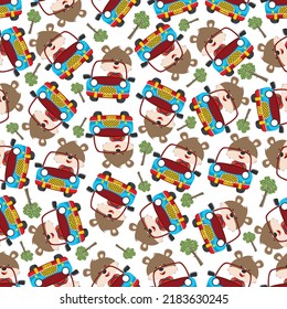 Seamless pattern vector of Cute fox cartoon having fun driving off road car go to forest. Creative vector childish background for fabric textile, nursery wallpaper, poster. and other decoration.