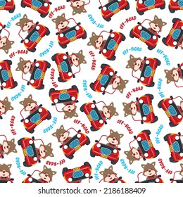 Seamless pattern vector of Cute fox cartoon having fun driving off road car go to forest. Creative vector childish background for fabric textile, nursery wallpaper, poster. and other decoration.