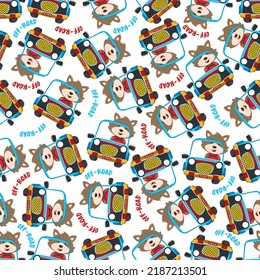 Seamless pattern vector of Cute fox cartoon having fun driving off road car go to forest. Creative vector childish background for fabric textile, nursery wallpaper, poster. and other decoration.