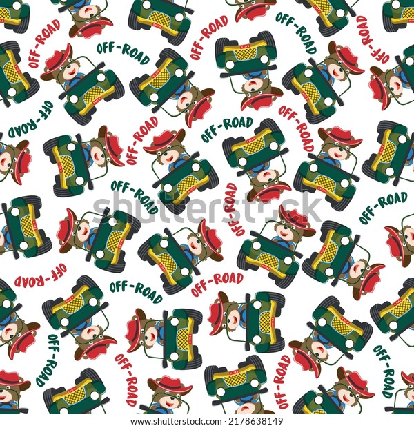 Seamless pattern vector of Cute fox cartoon\
having fun driving off road car go to forest. Creative vector\
childish background for fabric textile, nursery wallpaper, poster.\
and other decoration.