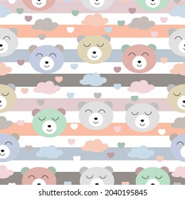 Seamless pattern vector. Cute hand drawn teddy bear face, hearts and clouds on pastel background