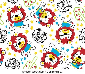 Seamless pattern vector with cute lion cartoon, trail and trees