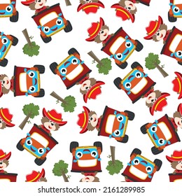 Seamless pattern vector of cute little fox driving monster truck. Creative vector childish background for fabric textile, nursery background, baby clothes, poster, wrapping paper and other decoration.