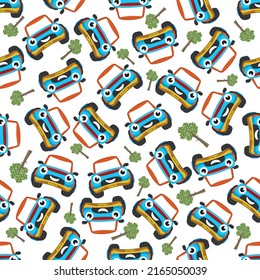 Seamless pattern vector of cute little off road car. Creative vector childish background for fabric textile, nursery background, baby clothes, poster, wrapping paper and other decoration.